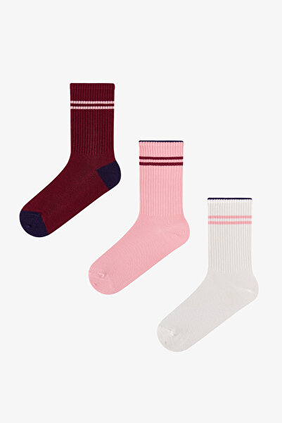 Penti Pembe Bordo Long Tennis Çizgili Pamuklu 3 Çift Soket Çorap