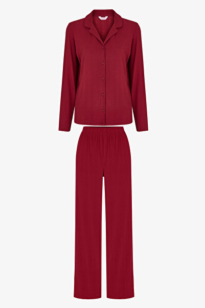 Penti Bordo Lana Fitilli Uzun Kollu Gömlek Pantolon Pijama Takımı