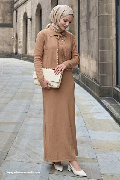 InStyle Camel Knitwear Set with Pearls Bolero