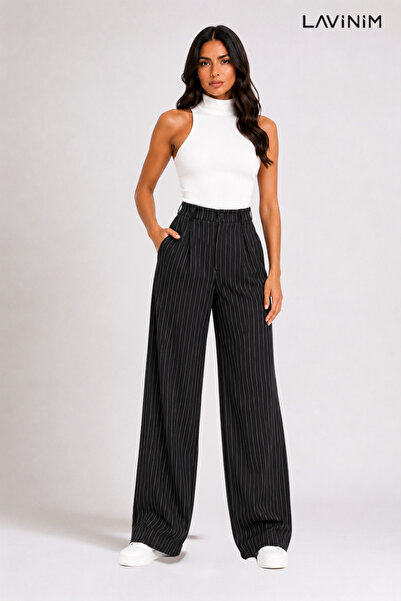 LAVİNİM Γυναικείο παντελόνι Palazzo Pants Oversize με κουμπιά ριγέ Lycra