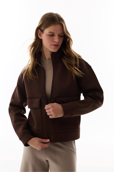 Penti Brown Pocket Detailed Scuba Zippered Long Sleeve Jacket