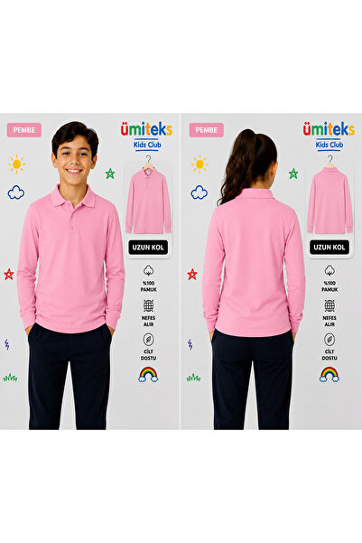 ümitteks iş ve okul kıyafetleri Unisex Long Sleeve Combed Polo Collar Pink Sc...
