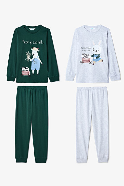 Penti Ecru Boys' Rabbit Patterned Long Sleeve Cotton 2-Piece Pajama Set