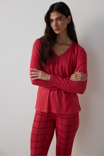 Penti Red Cozy Time Plaid V-Neck Thermal Effect Pajama Set