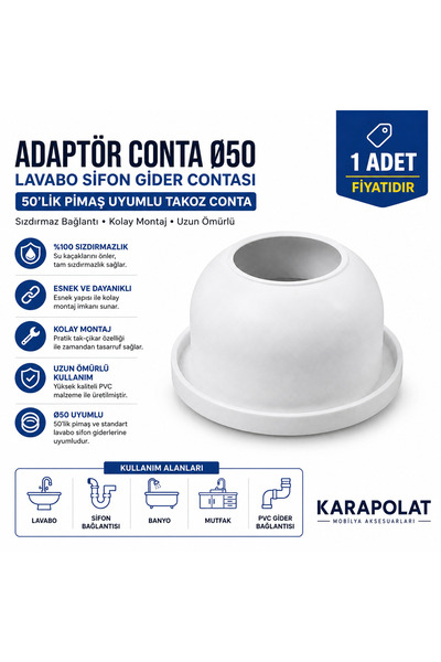 KARAPOLAT Lavabo Sifon Gider Contası Ø50 Adaptör Conta 50'lik Pimaş Uyumlu Ta...
