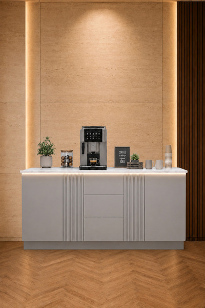 coffee world Modern Lighted Coffee Corner with White Wood Grain Surface