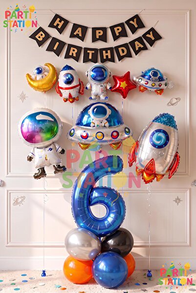 Parti Station Space Concept 6 Year Old Balloon Set Astronaut Rocket Birthday ...