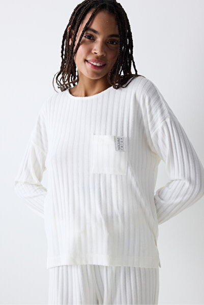 Penti Warm Hearts Rib Kırık Beyaz Sweatshirt Pijama Üstü