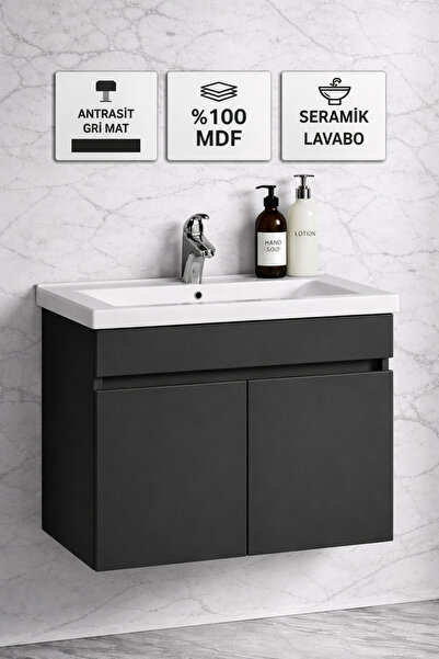 Multi Series 80 cm Antrasit Gri Mat Asma Banyo Alt Dolabı - Seramik Lavabolu ...