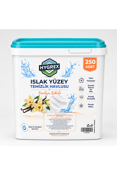 HYGREX Vanilya Kokulu Yüzey Temizlik Havlusu Islak Kova Mendil 250 Adet Ev Of...