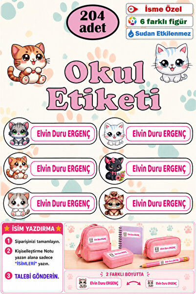 GSticker İsme Özel Okul Etiketi Kalem Defter Etiketi Sticker Kız Erkek Çocuk ...
