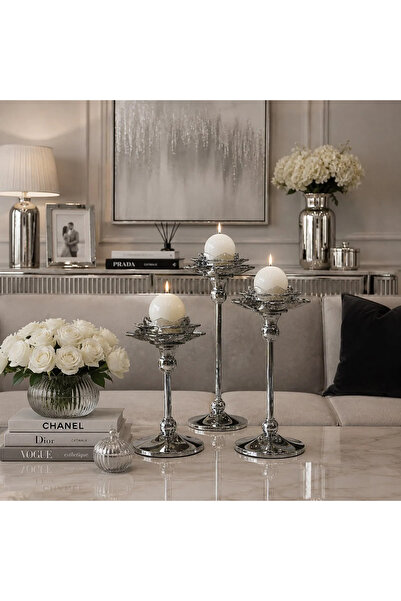 Hinora Home 3’lü Metal Şamdan Seti – Kristal Çiçek Detaylı Dekoratif Mumluk T...