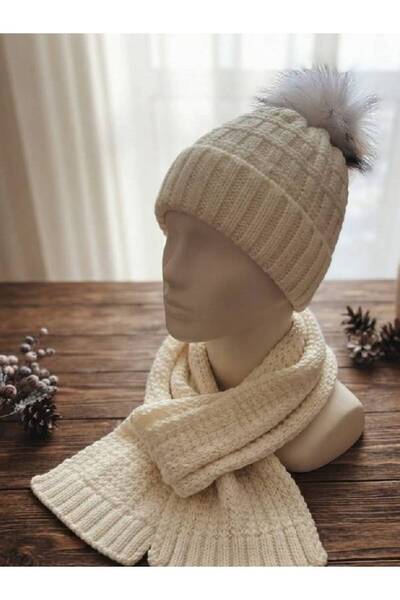 EDWOL Women's Scarf and Beanie Set Double Knitted Ecru