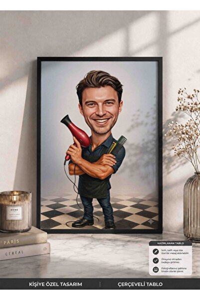 Bugucreative Kişiye Özel Kuaför Karikatürü Çerçeveli Tablo,Hediyelik Karikatü...