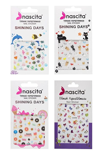 nascita 4’lü Tırnak Sticker Seti | Nail Art Yapıştırma (Kedi, Deniz, Tatlı, Ç...