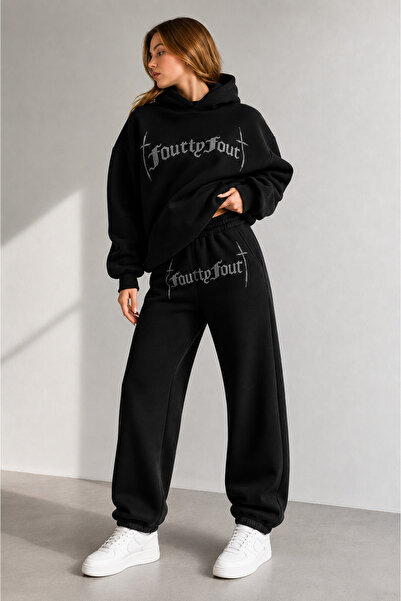 Gameyal Unisex Oversize Taş İşlemeli Kapşonlu Sweatshirt Takım