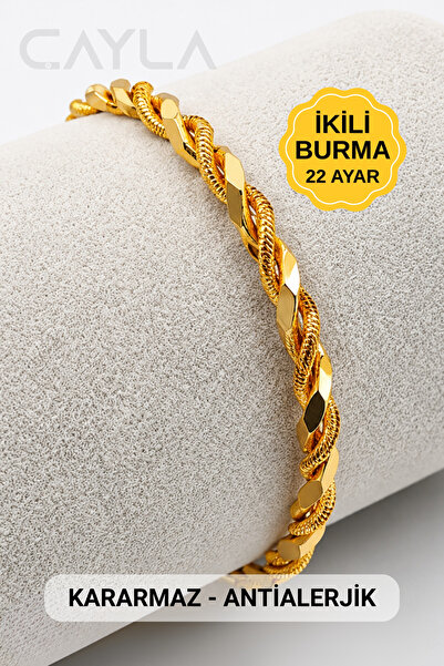 Çayla İkili Burma Bilezik - Kararmaz ve Antialerjik - 22 Ayar Altın Kaplama -...