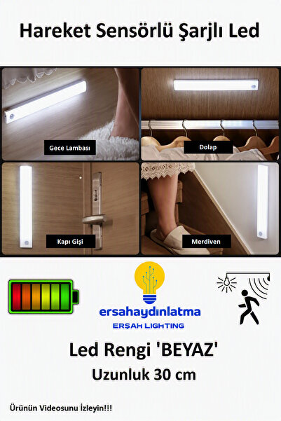 erşahaydınlatma Hareket Sensörlü Şarjlı Led Lamba 30 Cm Beyaz Renk