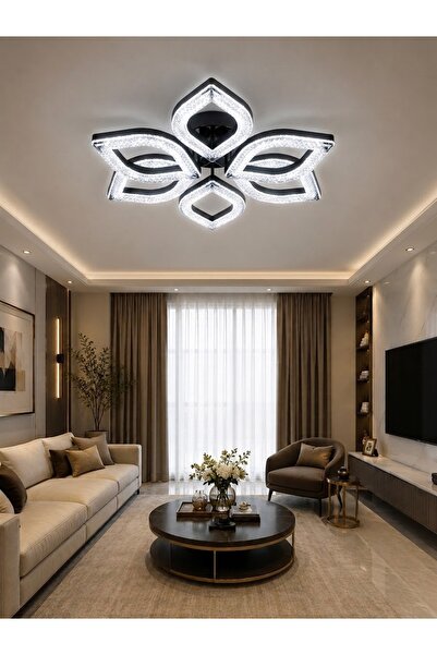 Lüxev Lighting Flora Model Siyah 6"lı Ledli 3 Renk Modu Kristal Salon Mutfak ...