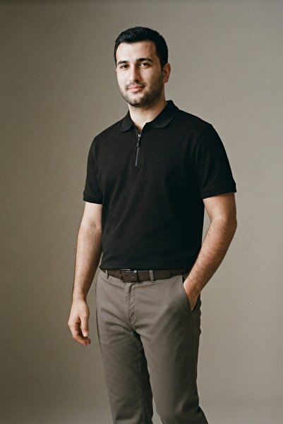 Maccali Men's Textured Premium Fabric Loose Black Polo Neck T-Shirt