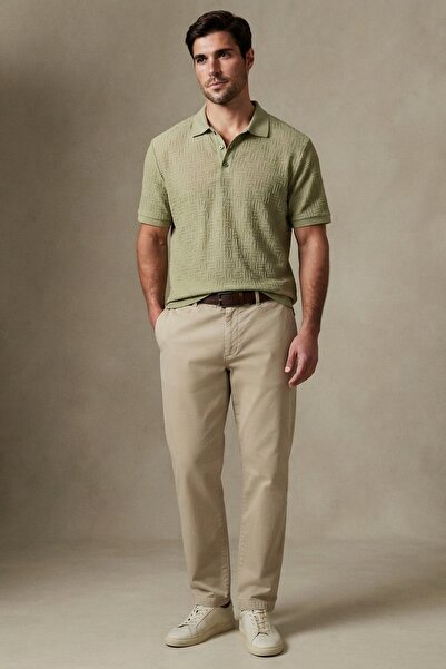 Maccali Men's Casual Textured Short Sleeve Green Polo Collar T-Shirt
