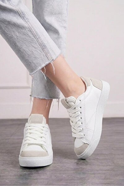 İmerShoes Daily White Stone Women's Sneaker Lace-Up Serrated Sole Suede Detai...