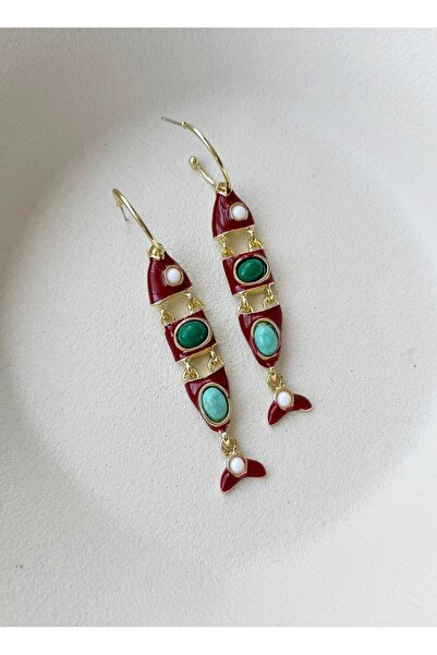 mos&more Çelik Balık Küpe, Boncuklu Bordo Elegant Küpe