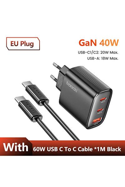 Choice9 toocki EU Black with cable Toocki 40W GaN USB Charger Type C QC 4.0 Q...