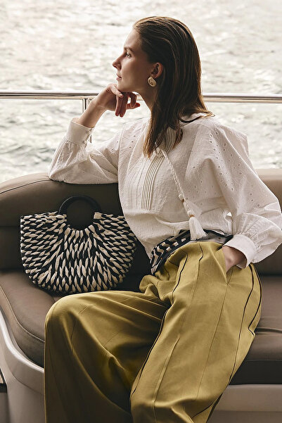 Kayra Partly Stitched Linen Lyocell Trousers Oil Green