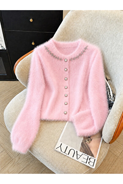 NATUFIAN STORE Women's Collar with Stone Detail, Furry Plush Look Basic Knitw...