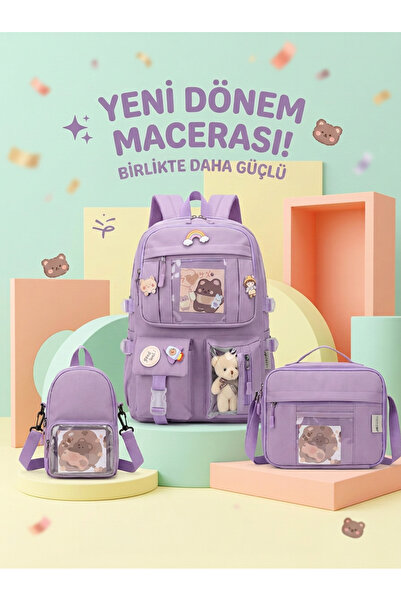 BURUNİ 3'LÜ Premium Set Çok Bölmeli Okul Çantası + Beslenme Çantası (Set Ürün)