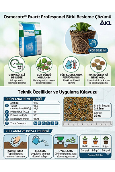 ICL OSMOCOTE Osmocote® Exact Standard 15-9-11 + 2MgO + TE | 8-9 Ay Kontrollü Salınımlı Gübre (1 kg)