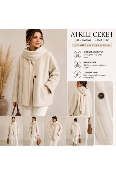 SİBELİZE Scarf Detailed Cashmere Coat Beige