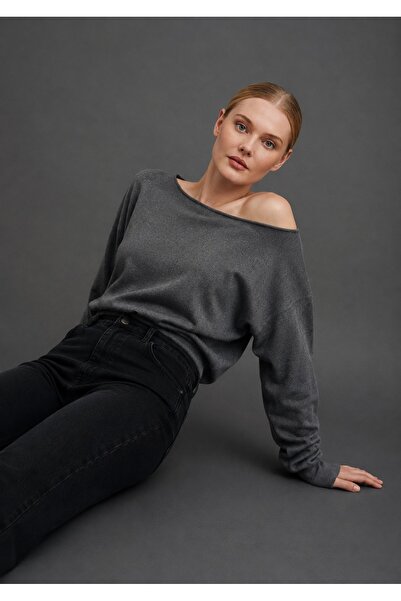 Gülce moda Women's Slim Mercerized Asymmetrical Cut Boat Neck Knitwear Sweater