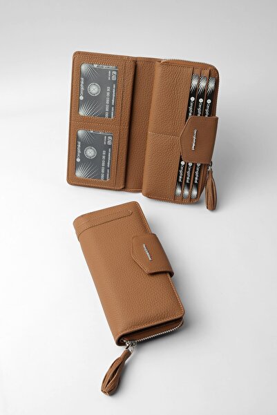CENGİZ PAKEL Genuine Leather Women's Wallet-Portfolio 65133-Tan