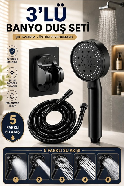 Kitchen Beauty 3'Lü Duş Başlığı Seti Turbo Fan 5 Fonksiyonlu Su Tasarruflu Du...