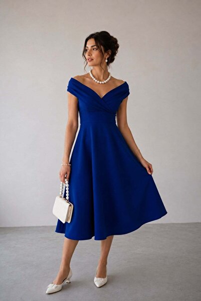 Mossta Fusta cu umerii goi cu volane crep Rochie - albastru cobalt