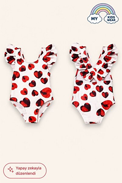 My Kids Wear Girl's Ruffle Detailed Stylish Design Cross Strap Swimsuit 12727
