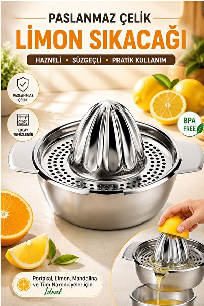 Kitchen Beauty Paslanmaz Çelik Limon Sıkacağı Hazneli Süzgeçli Narenciye Port...
