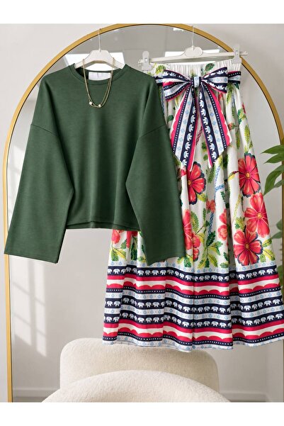 modasindoma Basic Blouse and Floral Patterned Skirt Set