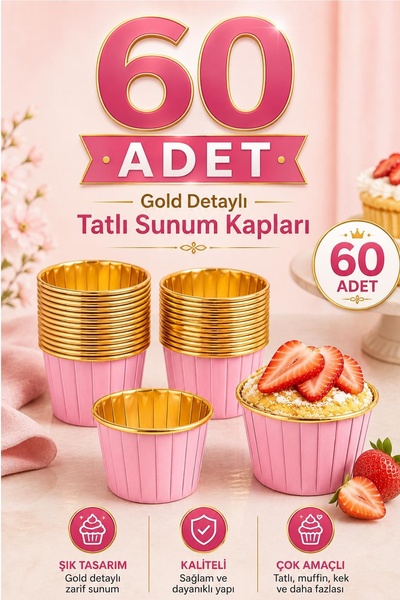 Kitchen Beauty 60'lı Kraft Muffin Cupcake Kalıbı Pembe Gold Kek Kapsülü Natur...