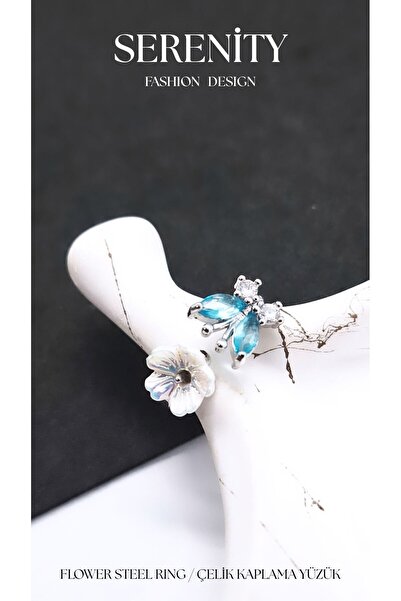 Serenity Leaf Flower Stone Enamel Steel Plated Ring