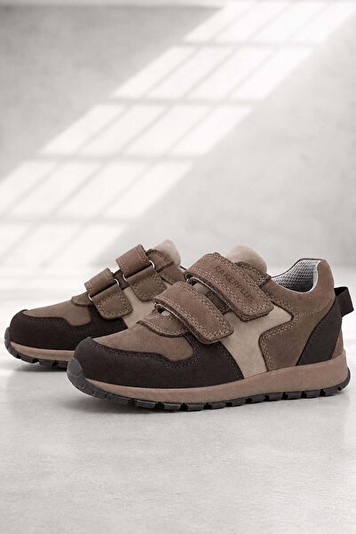 Rakerplus Genuine Leather Velcro Brown Mink Kids Sneakers Sports Shoes