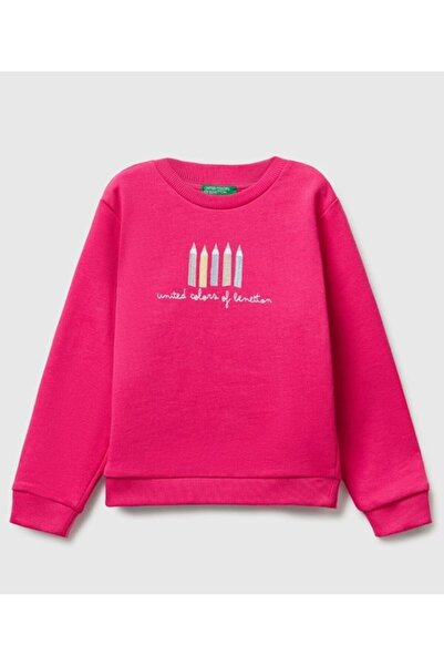 United Colors of Benetton Girl's Pink Ribbed Regular Fit Sweatshirt with Glit...
