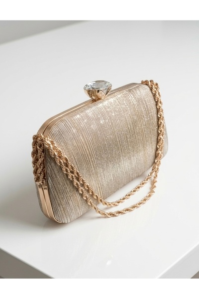 selma demir Simli Kumaş Gold Zincir Askılı Model Clutch Kadın Çanta