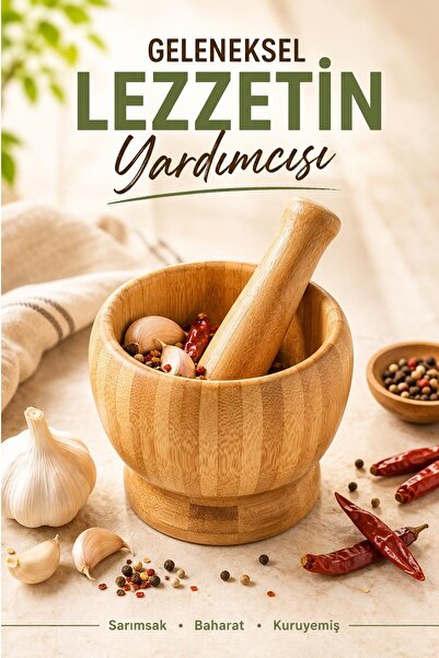 Kitchen Beauty Doğal Bambu Ahşap Sarımsak Ezeceği Havan Büyük Boy