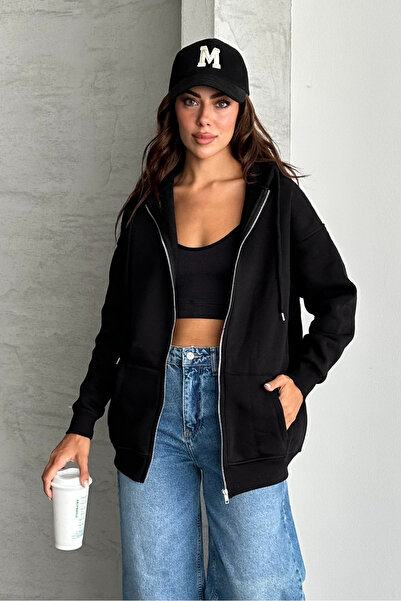 macharel jeans Oversize Fit 3 Thread Threaded Metal Zipper Hooded Sweatshirt ...