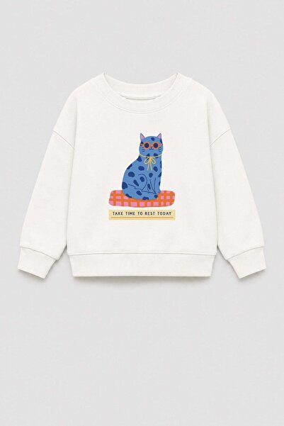 Monila Girl's 3 Thread Fabric Cotton Cat Printed Sweatshirt