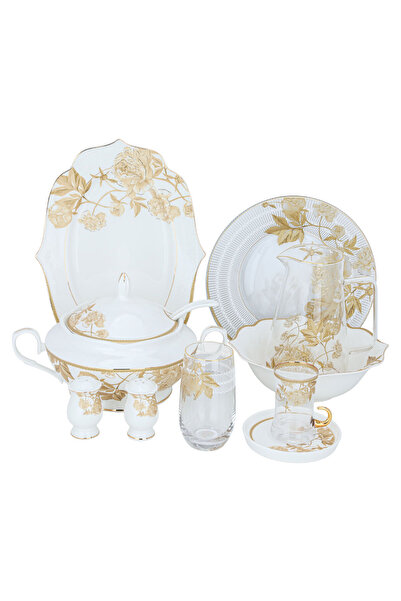 Alsaif Gallery Al Saif Gallery Porcelain Dinner Set, 61 Pieces - White Gold