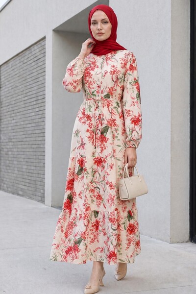 Modamorfo Hakim Collar Half Buttoned Mixed Patterned Polycotton Dress with El...
